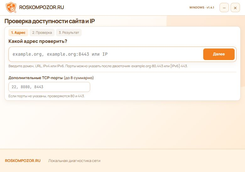 Окно программы: пошаговая проверка доступности сайта и IP